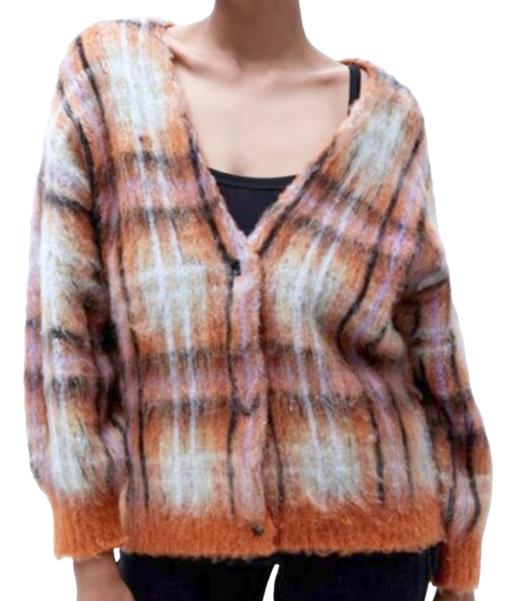 NEW OBEY GINGER MULTI LOLA FUZZY KNIT BUTTON UP PLAID CARDIGAN SWEATER SIZE XS